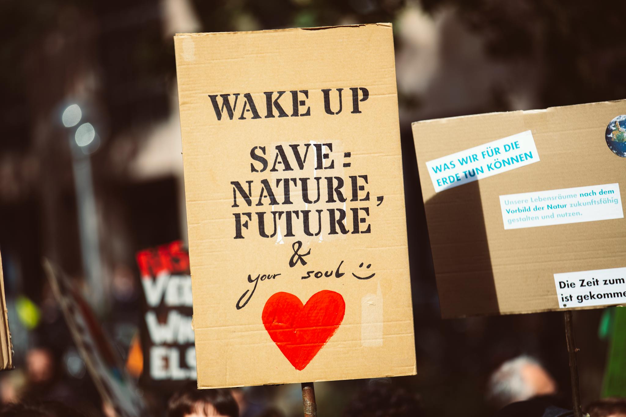 Cardboard signs with environmental messages at a rally, focusing on nature conservation.